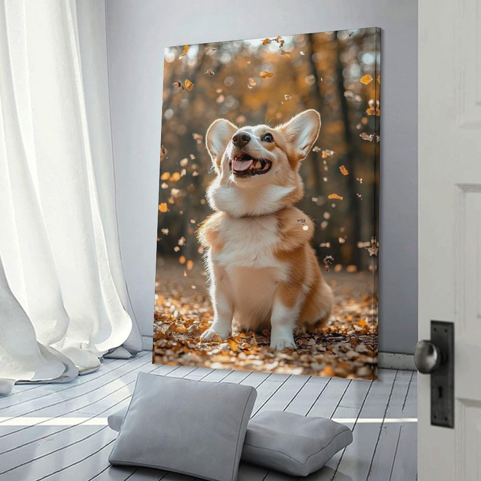 Junmoney Frame-Style-9 Happy Corgi In Autumn Leaves Wall Art Print, 20X30inch(50X75cm), For Living Room, Bedroom, Office Or Hallway, A Flexible Wall Accent For Shared Spaces