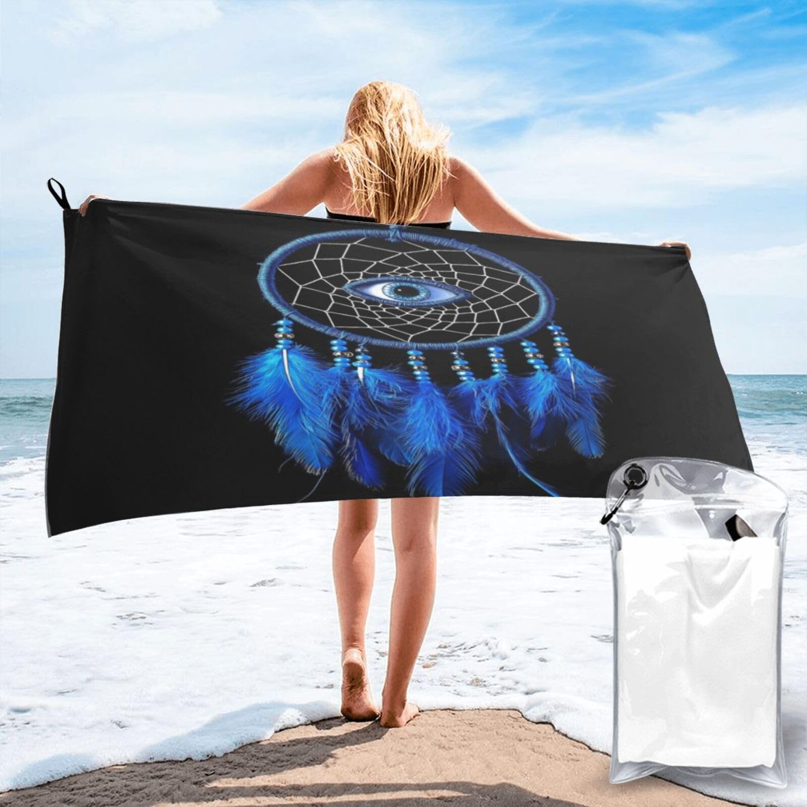 Anceky Dreamcatcher with Blue Feathers, Black Background Quick Dry Microfiber Travel Towel with Carry Case and Carabiner 27.5"X55"