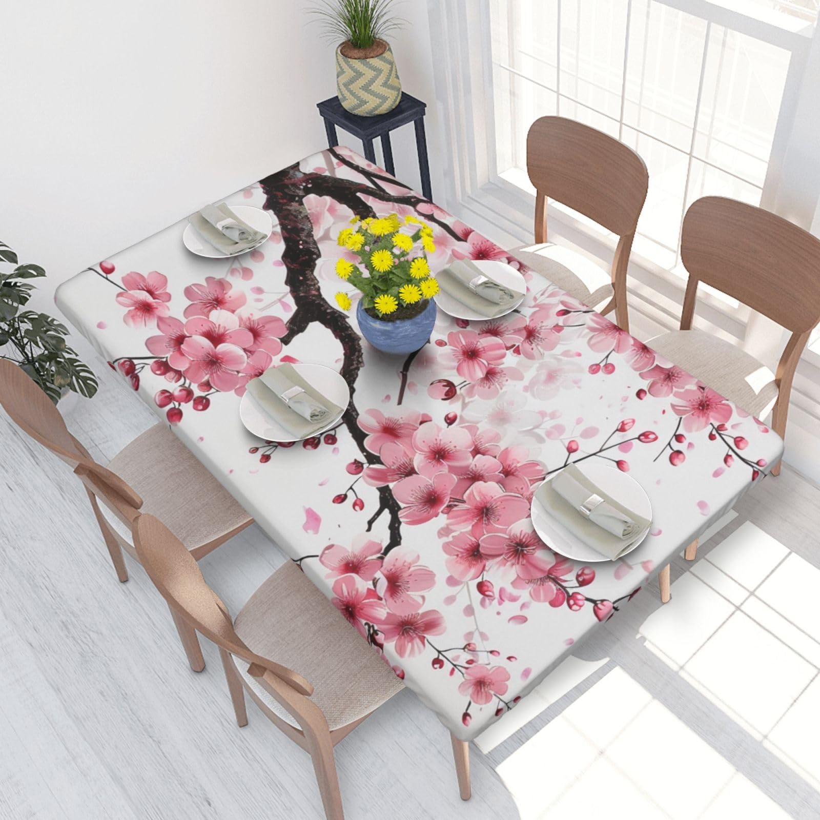 WPKJU Tempting Cherry Blossoms Art Printed Tablecloths 4ft Rectangular Table Covers Washable Polyester Decorative Table Cloth for Dining Table Picnic Wedding