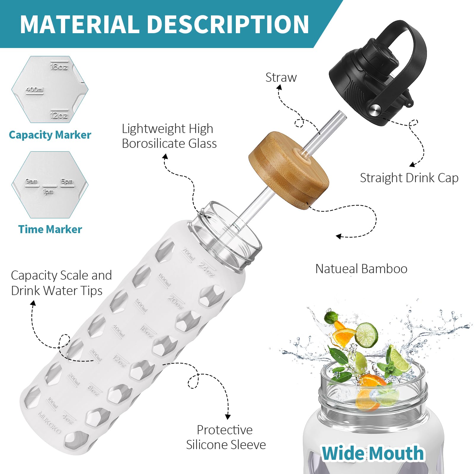 HYDRAGLAZIC 700ML Glass Water Bottle with 2 Flip and Bamboo Straw Lids Sports Water Tumbler with Time Reminder and Silicone Sleeve Leak-proof BPA Free - Image 4