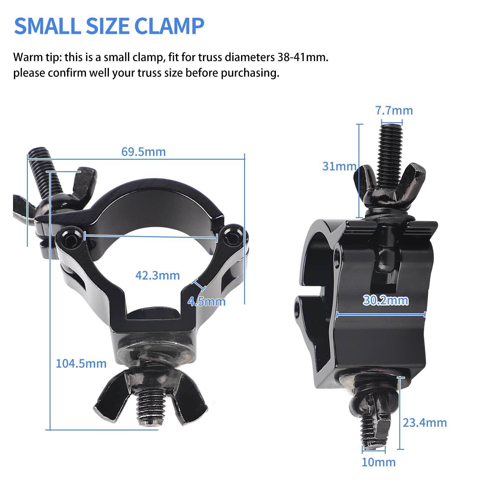 DBREAKS Truss Clamp, 4Pcs Morsetto per Luci da Palcoscenico TÜV/38-41mm Luce di Scena Morsetti Gancio di Lega di Alluminio/Montare Morsetti Luce della fase/Morsetti per illuminazione palcoscenico Nero