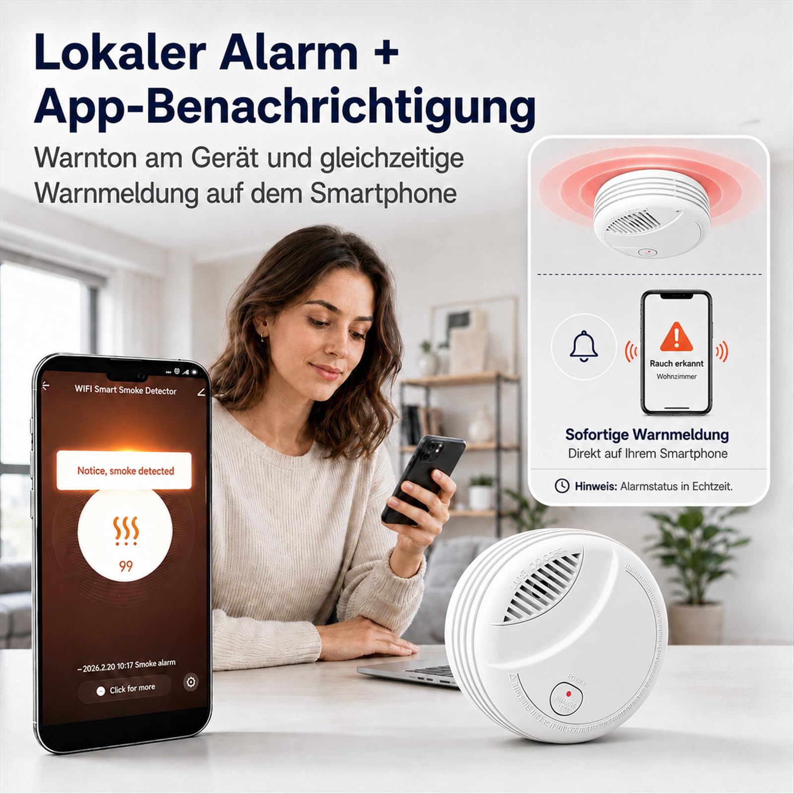 WiFi Rauchmelder mit App-Benachrichtigung, 10-Jahre Batterie, Vernetzbar, Geprüft nach DIN EN 14604, Optischer Rauchwarnmelder für Smart Home, Einfache Installation,3 PCS
