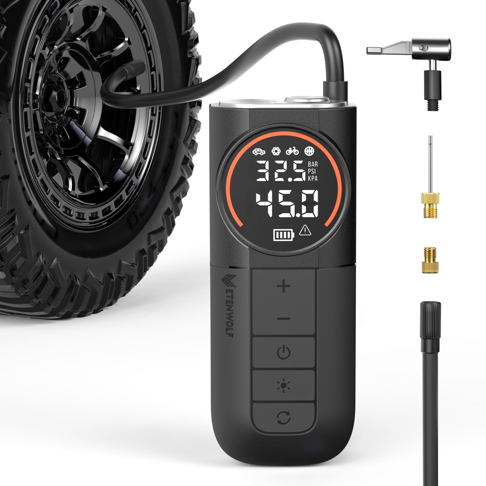 ETENWOLF S1 Tire Inflator Portable Air Compressor, 160PSI Cordless Air Pump | Fast Inflation,Tire Pump for Car Tires,Motorcycle,Balls, Bike Pump with LED Light, Auto Shut-Off,Digital Pressure Gauge,Bl