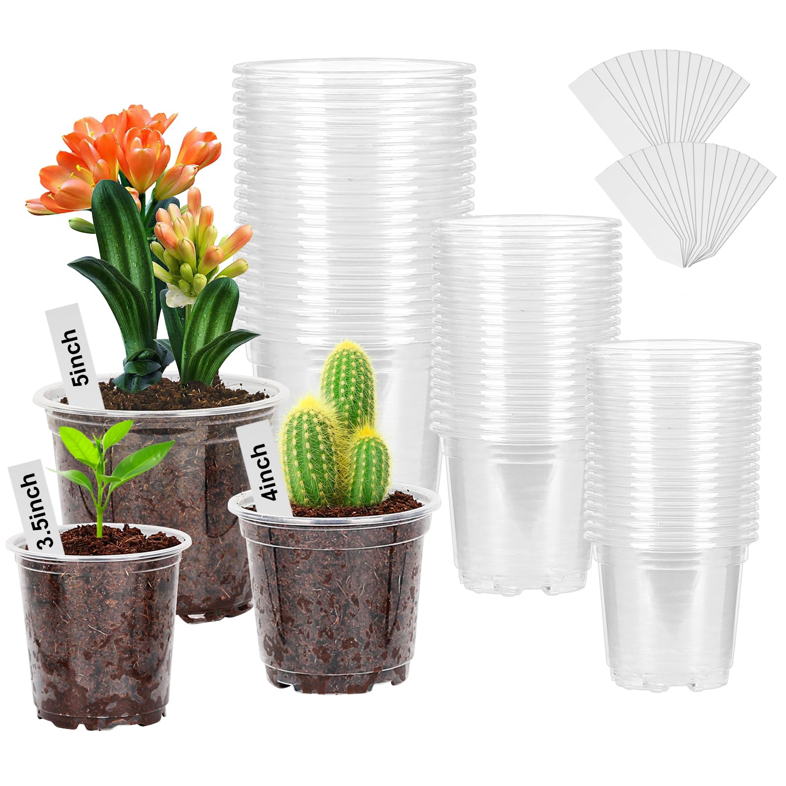 60 Pack 3.5/4/5 Inch Reinforced Clear Nursery Pots with Drainage Holes, Transparent Variety Pack Plastic Plant Pot Seed Starter Pots Flower Pots Come with 50pcs Plant Labels