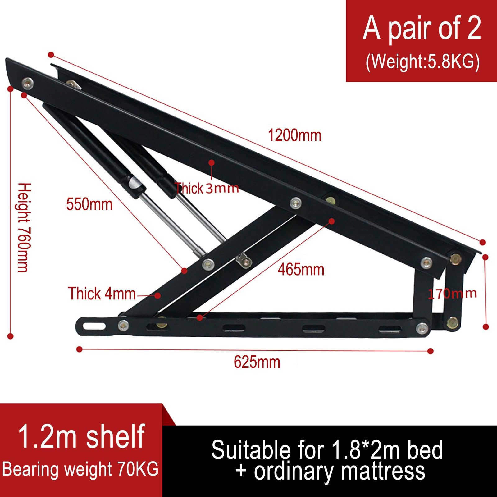 Elevador hidráulico de la cama1 par de mecanismos de elevación de la cama plegable, mecanismo de elevación neumática de la cama para cajas de cama pesadas, amortiguador para CER