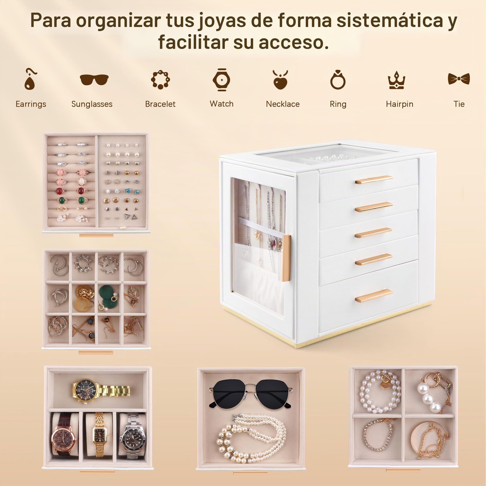 Homeanda Joyero para mujeres con tapa de vidrio, organizador y almacenamiento de joyas de 5 cajones para collares, anillos, aretes, pulseras, regalo para niñas y adolescentes, de piel sintética