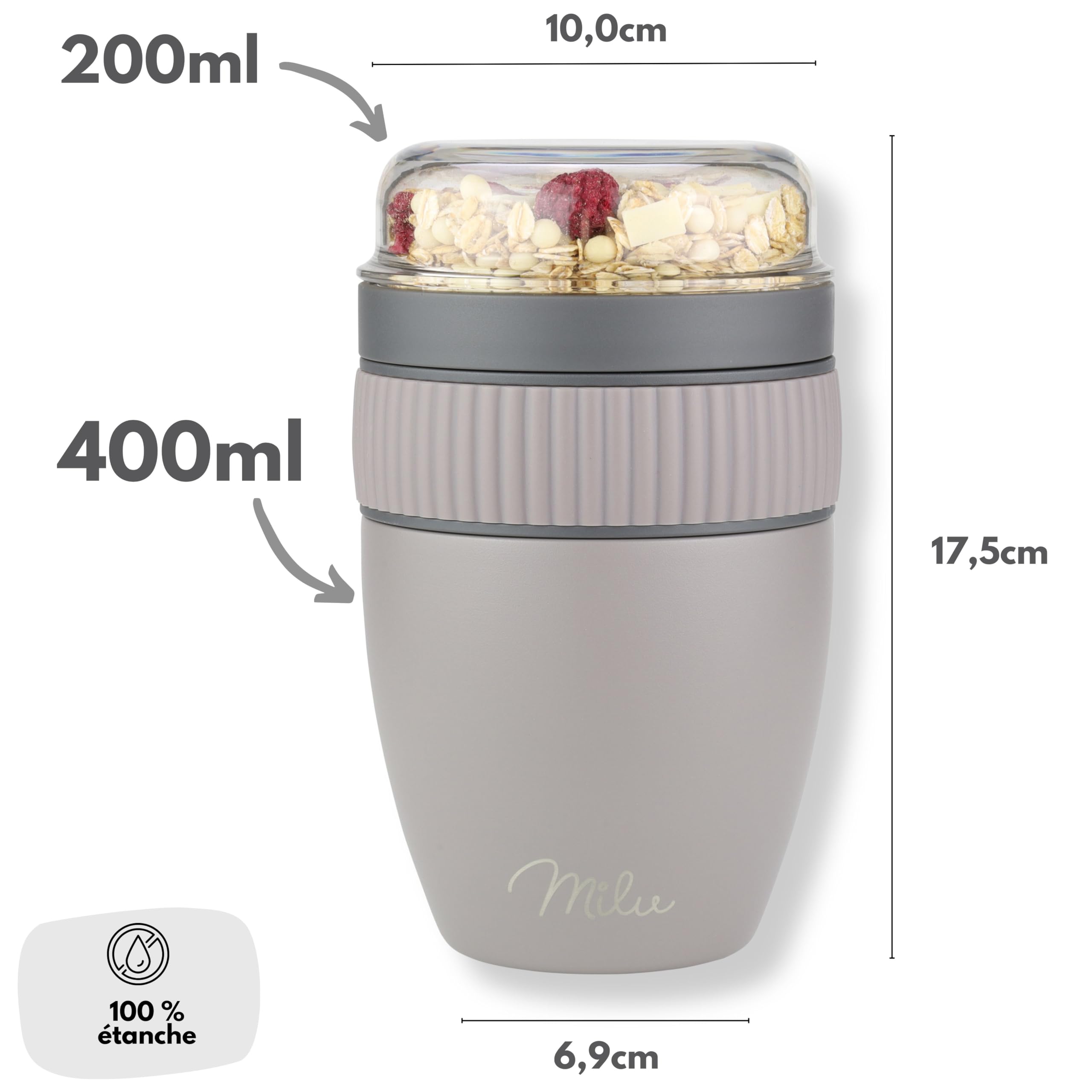Milu Gobelet à Emporter 400ml en Acier Inoxydable - Isolé pour Muesli, Yaourt, Porridge - Anti-Fuite avec Cuillère (Gris Taupe)