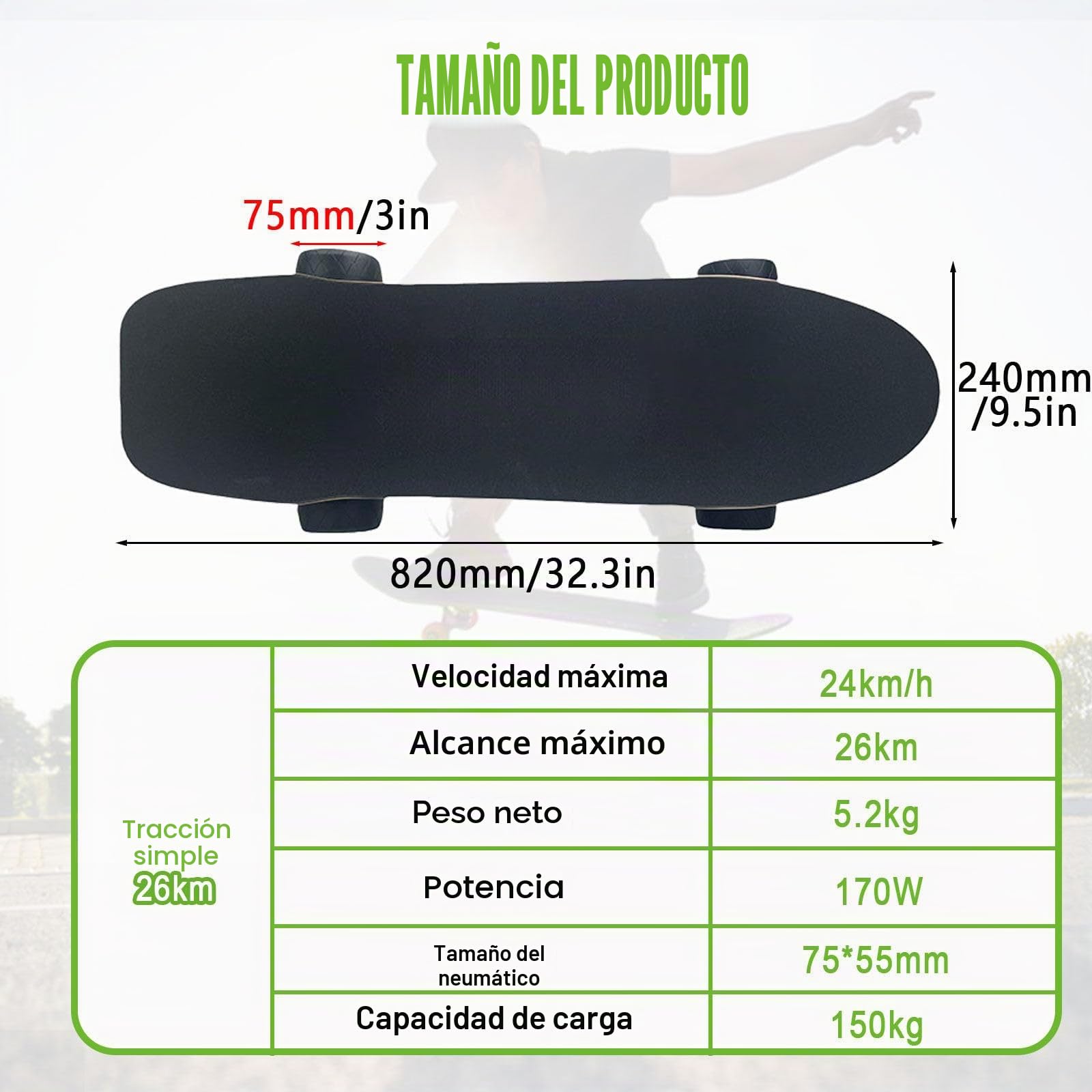 Monopatín eléctrico para Adultos y Adolescentes, Motor 170W / 340W / 450W / 1000W, 4 Modos de Velocidad,Mando a Distancia con Mando inalámbrico, para Principiantes Single-Drive-26km