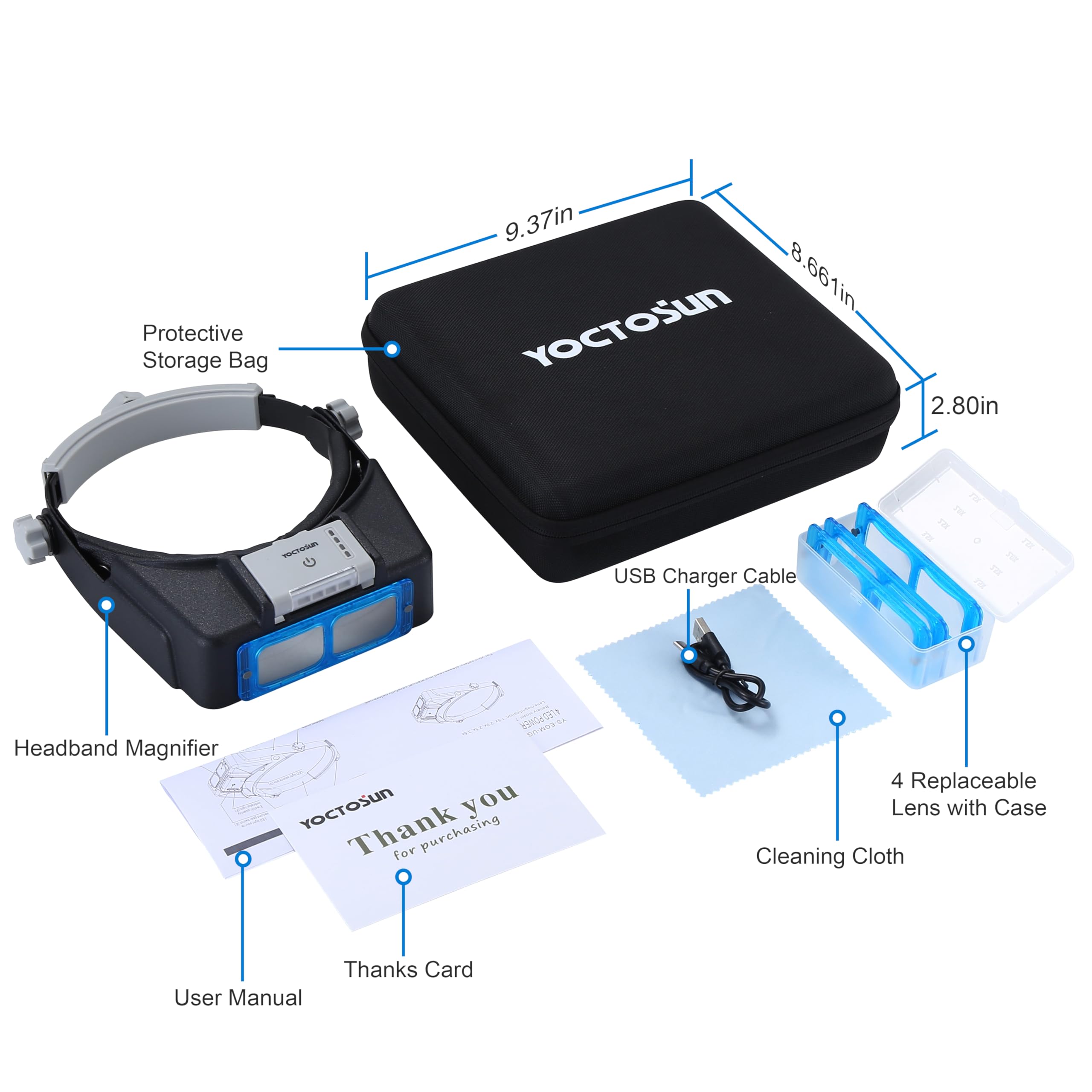 YOCTOSUN Lente d'ingrandimento con 4 lenti, 4 luci a LED e custodia, lenti d'ingrandimento con luce per lavori ravvicinati, visiera d'ingrandimento per la testa a mani libere, per hobby, gioielli,