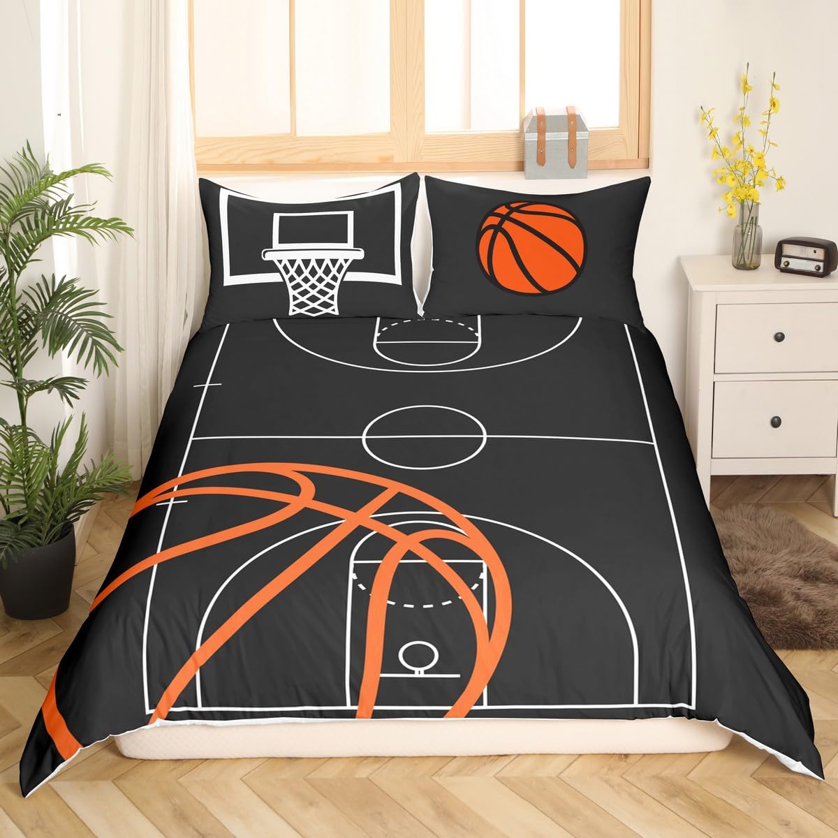 Manfei Basketball Court Bedding Sets Double Size,Sports Theme Duvet Cover Set 3Pcs for Kids Girls Boys Adult Room Decor,Cartoon Basketball Comforter Cover Black Orange Quilt Cover,2 Pillowcases โ image 1