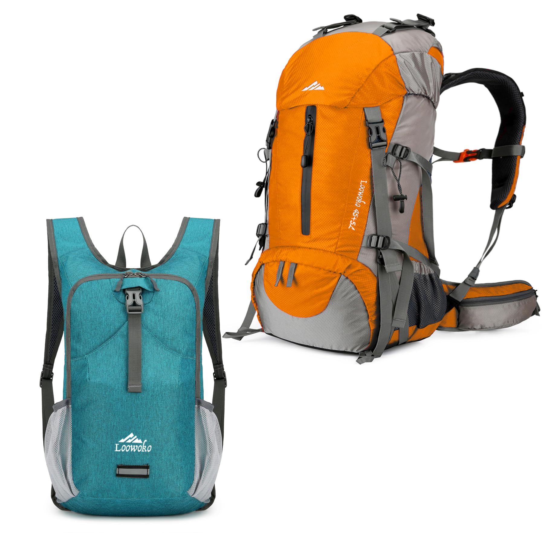 LoowokoHiking Backpack/Packable Backpack, 50L Orange + 20L Blue