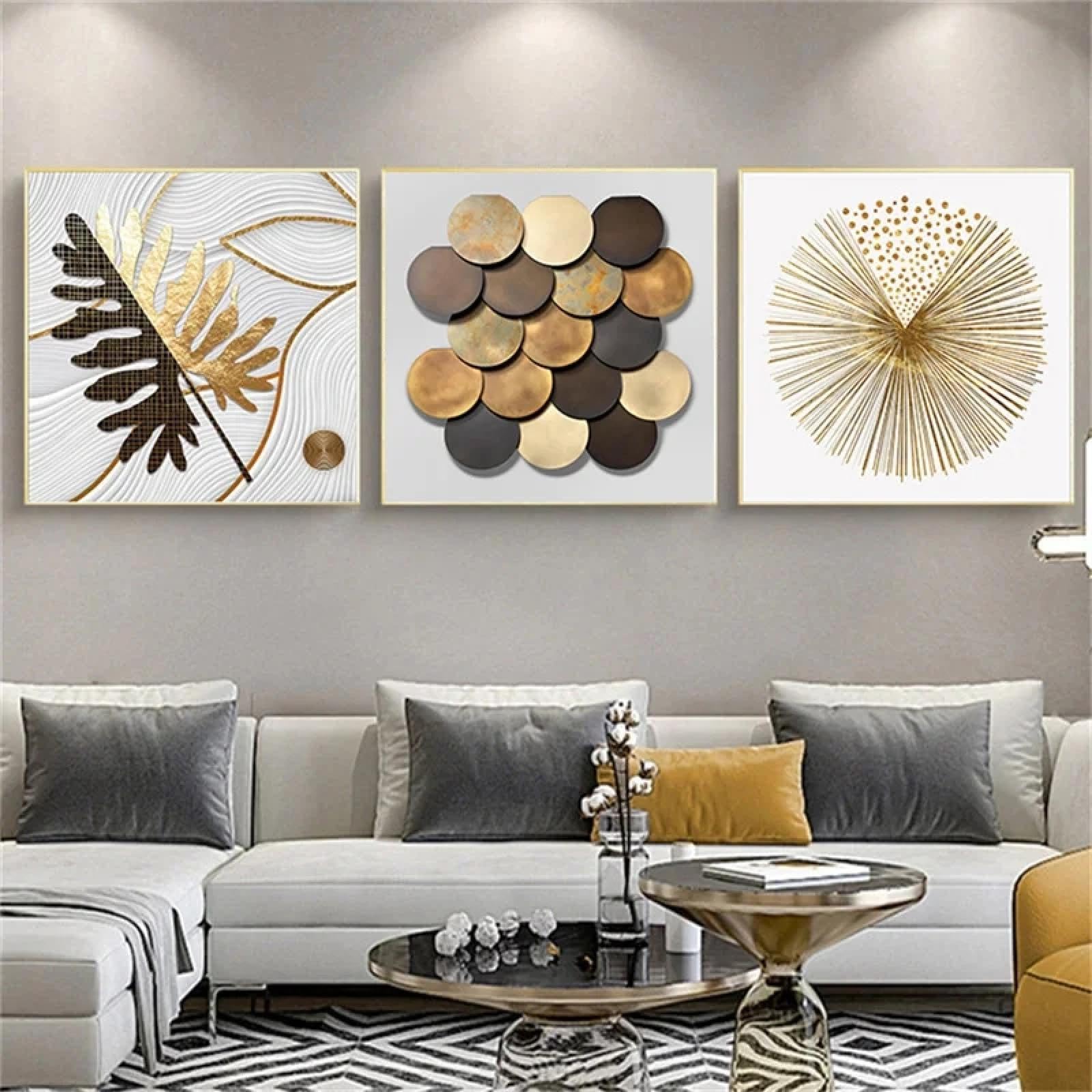 LSYALUCK Nordic Golden Abstract Leaf Metal Wall Art Canvas Painting Golden Line Circle Poster Wall Picture for Living Room Home Decor 60x60cm(24x24in) x3 innerframe