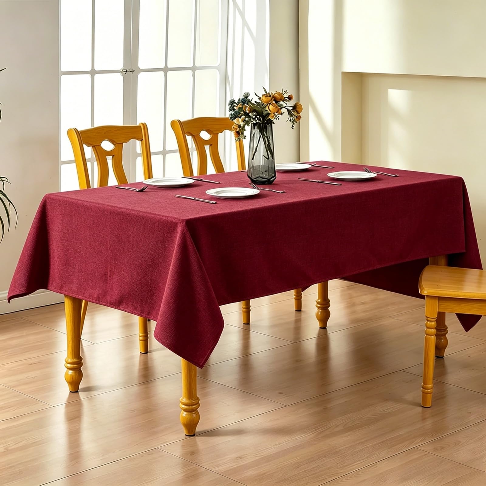 LIHUANE Table Cloth Rectangular 135 x 235 cm Faux Linen Solid Colour Faux Linen Tablecloth Wipe Clean Washable Polyester for Rectangle Tables, Red Wine