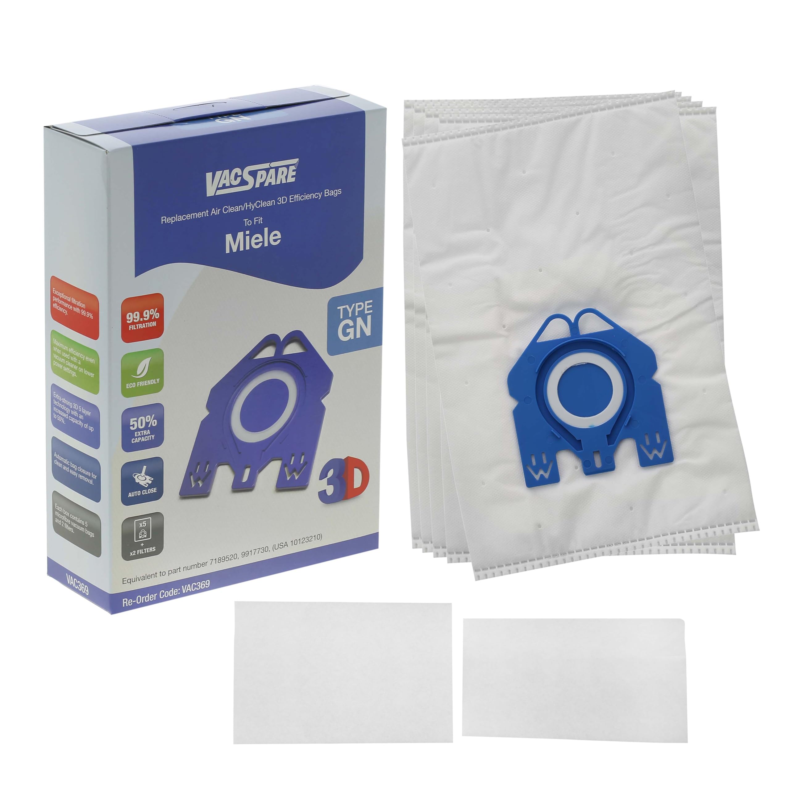 Vacspare Vacuum Microfibre Bags, Type GN, Pack Of 5 With 2 Filters Compatible With Miele C1, C2, C3, Cat & Dog Vacuum Cleaners