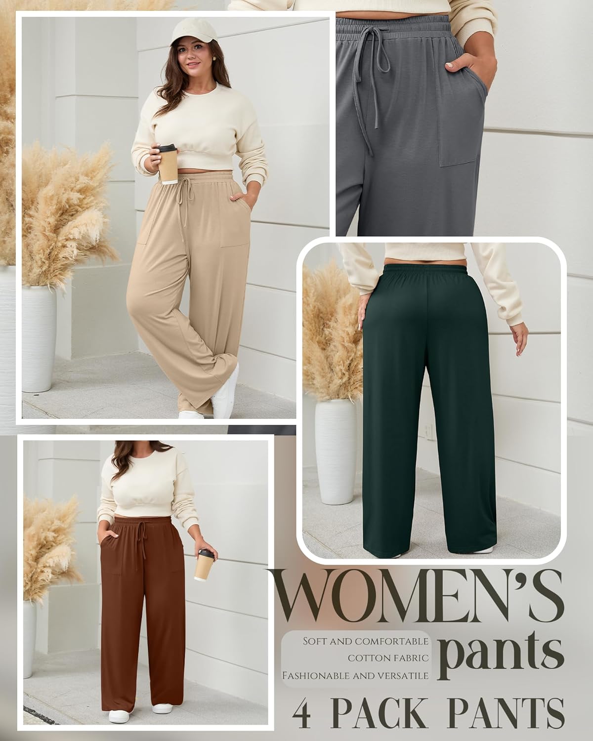 4 Pack Women Plus Size Pants Drawstring Yoga Pants with Pockets Baggy Wide Leg Sweatpants Lounge Palazzo Trousers - Image 6