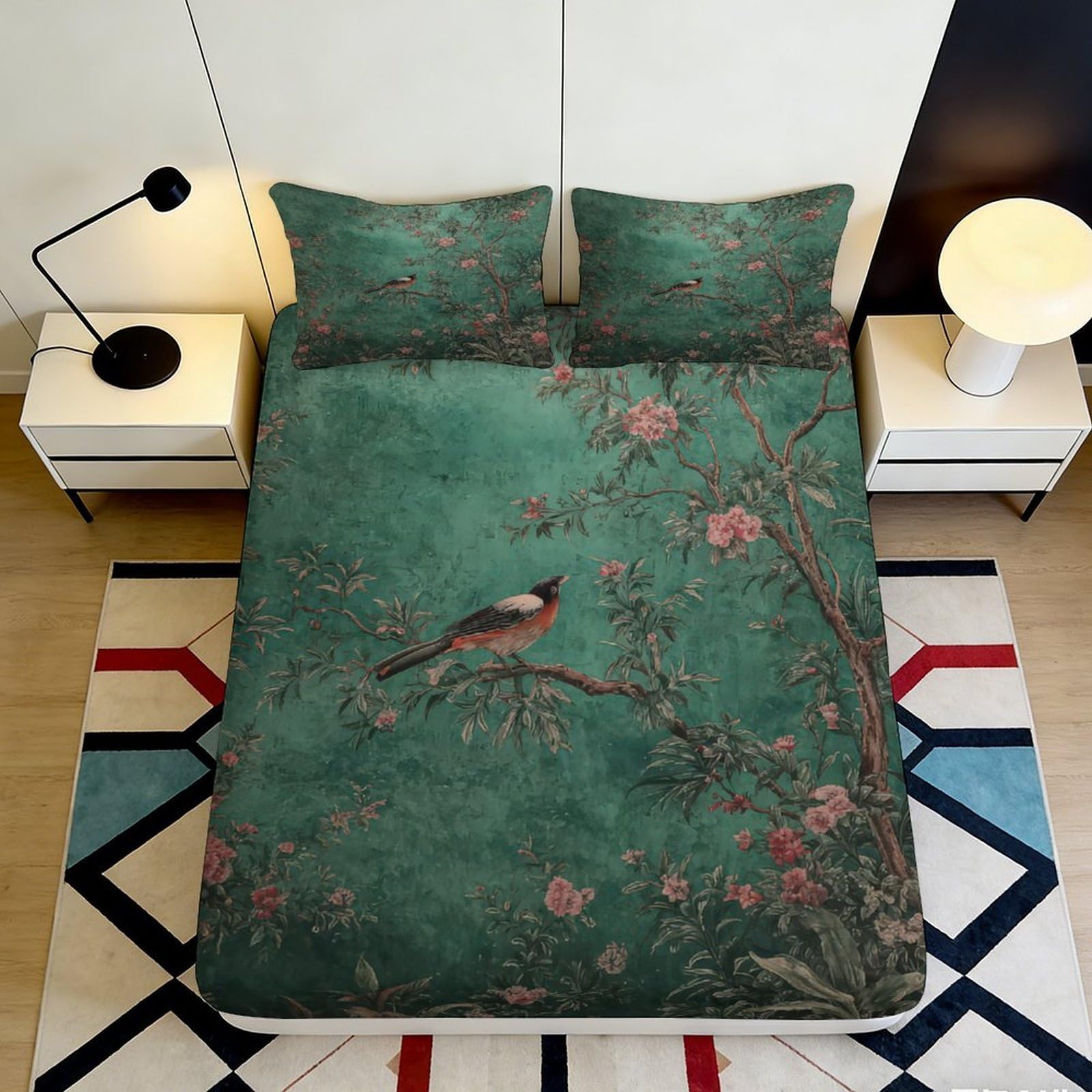 Pnayamiorkfel Style-7 3D Printed Oriental Bird Fitted Sheet Microfiber Green Floral Branch Mattress Cover Non Slip Washable Bedroom Decor 90X200x25cm
