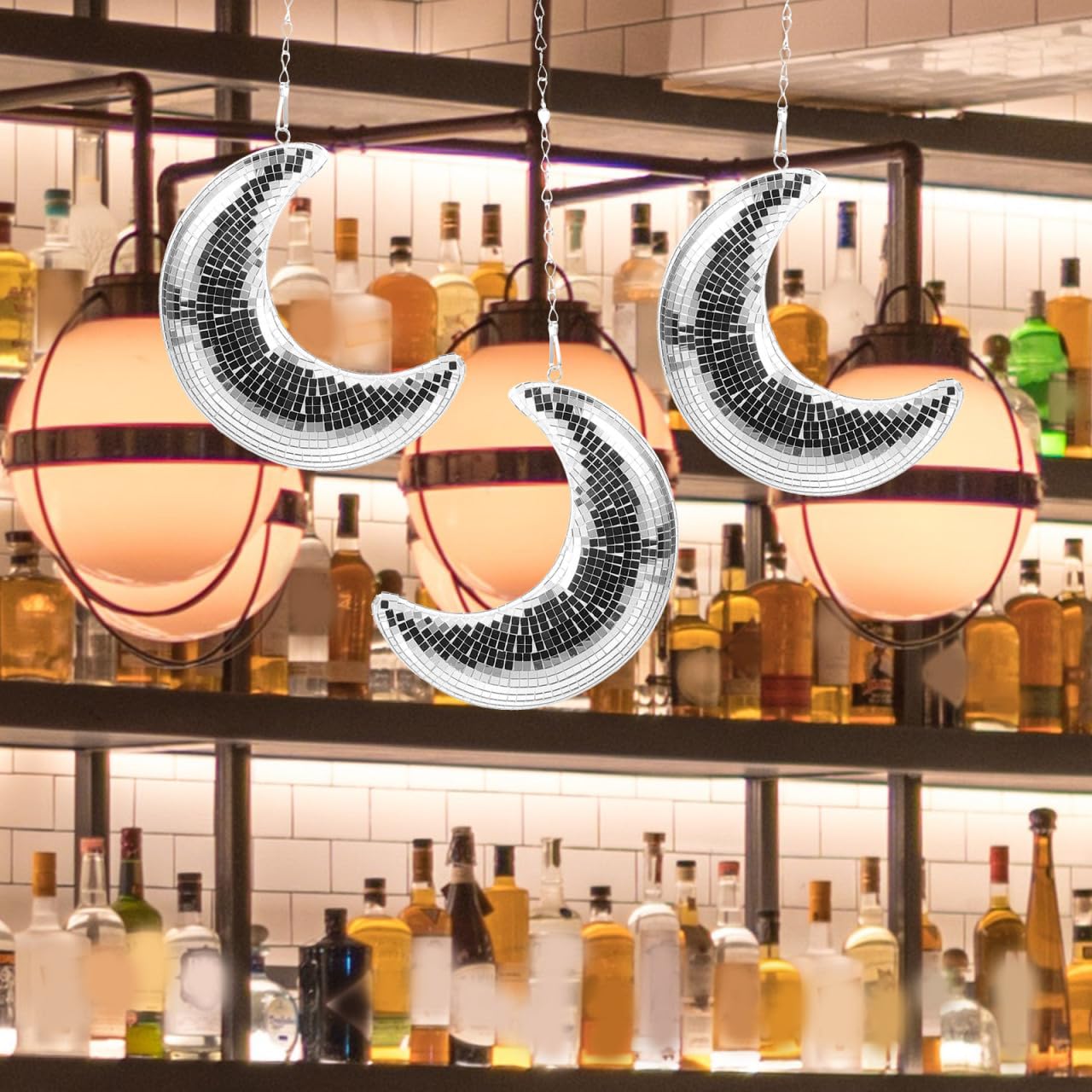 Boule disco en forme de lune à suspendre avec chaîne pour bar, karaoké, club, scène, maison, mariage, fête d'anniversaire, décoration de boule disco