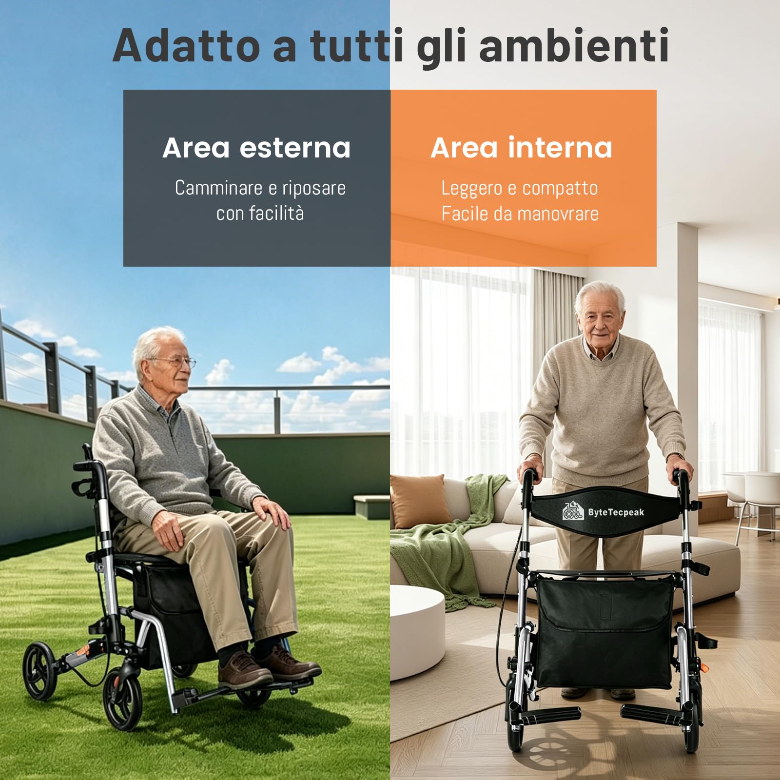 R3 Deambulatore leggero 2 in 1 e sedia a rotelle– Carrello pieghevole regolabile in altezza ed ergonomico, con funzione sedia a rotelle per interni ed esterni, con custodia (Argento)