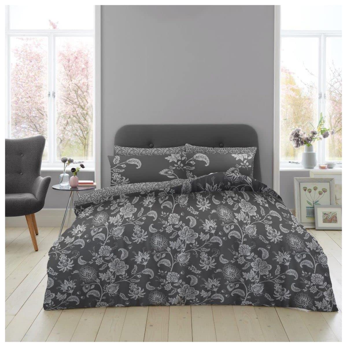 GC GAVENO CAVAILIA Luxury Floral Kingsize Duvet Cover Sets With Pillow Cases & Fitted Sheet, Reversible Super Soft Floral Complete Bedding Bed Sets, Grey โ image 1