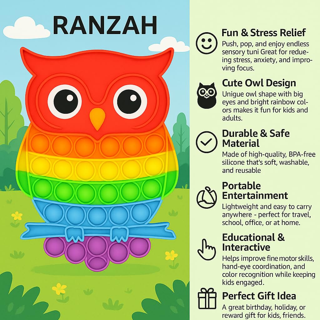 Ranzah Pop Fidget Toy Push Pop Bubble Sensory Toy For Kids And Adults Travel Poppet Toy Squishy Toy For Gifts & Parties ADHD Stress & Anxiety Relief Toy Squeeze Toddler Toy (Owl) - Image 4