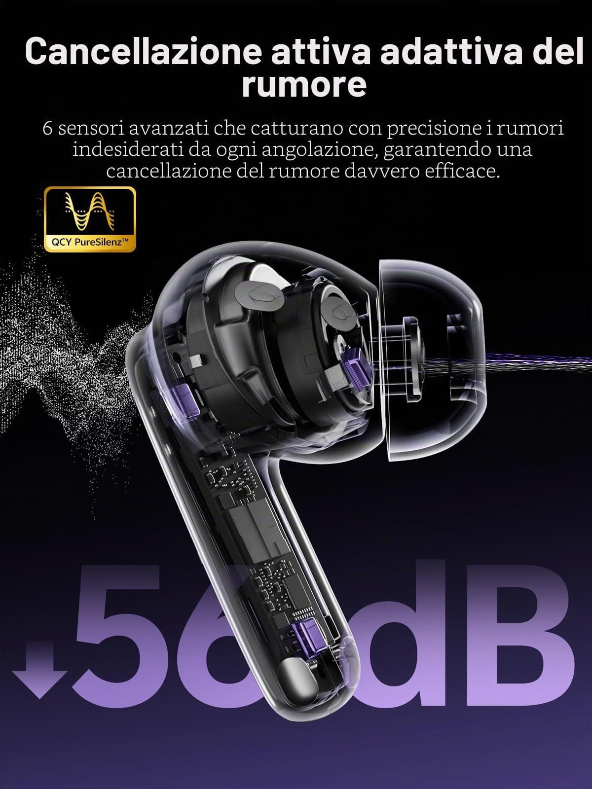 QCY MeloBuds N70 Auricolari Bluetooth Wireless,Cancellazione Attiva del Rumore Ibrida,56dB ANC Adattiva Cuffie Bluetooth 6.0 In-Ear,6 Mics,Chiamate nitide, LDAC Hi-Res Audio, 50 ore,Ricarica Wireless