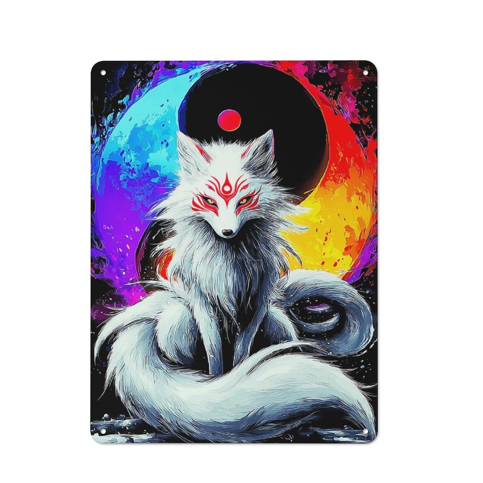 Decorative Tin Sign with Yin-Yang Fox Spirit Artwork -2 Design 40x30cm, Farmhouse Cottage Wall Art for Farmhouse Kitchen, Pantry Or Dining Area