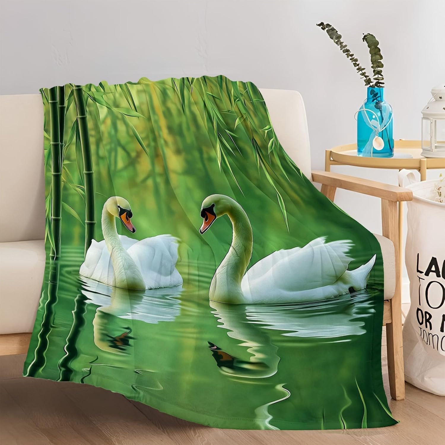 Manta Hojas de Bambú Verdes 200x220 cm Manta Polar de Franela Niño y Niña para Sofa y Cama, Mantas Ligeras, Caliente y Transpirable, Todas Las Estaciones A-2215