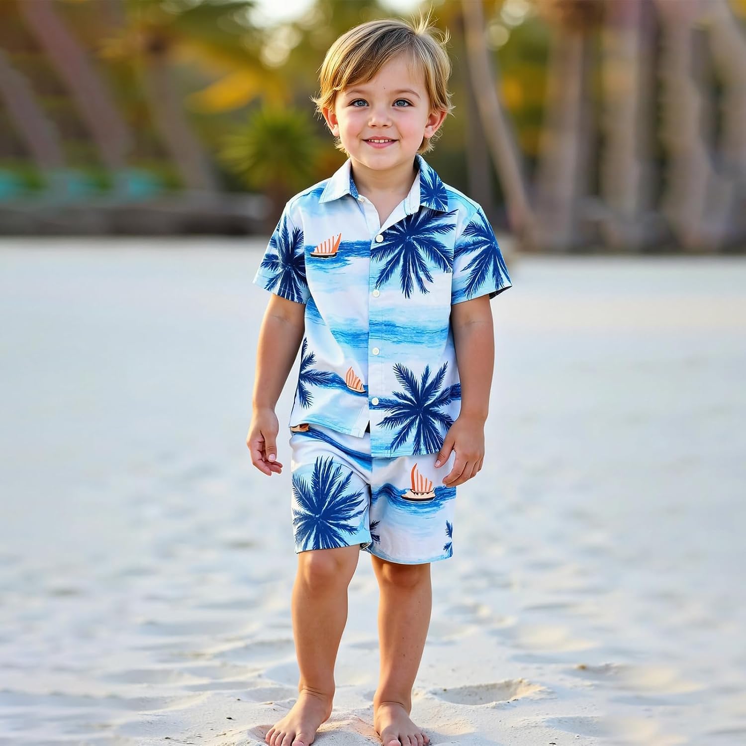 2 PCS Hawaiian Shirts for Boys, Short Button Down Shirt and Shorts Summer Beach Outfits for kids Size 4-12 Years