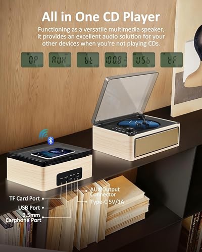 Miniatura 2 de Reproductor de CD retro con entrada y salida Bluetooth, reproductor de CD portátil, radio FM, reproductor de música de madera, batería de 3000 mAh,