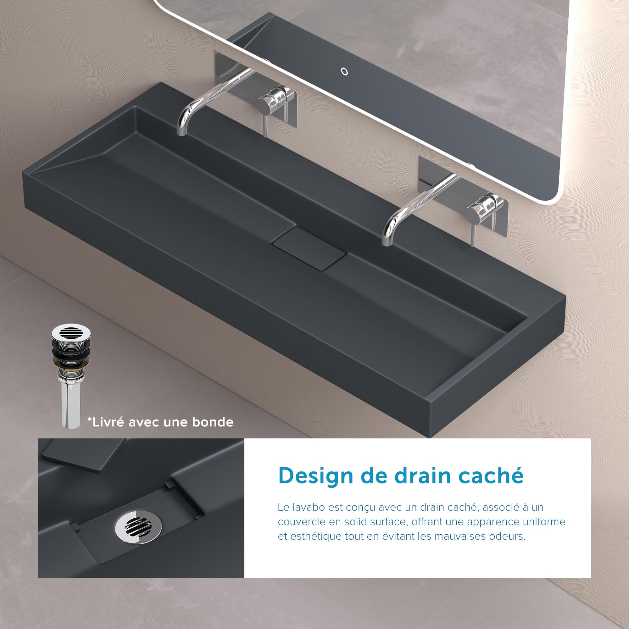 doporro Lavabo Suspendu avec Bonde Vasque à Poser Gris Noir Mat 120x46x11cm Lave Mains Rectangulaire sans Perçage de Robinet Colossum19 | Colossum19 Lavabo suspendu rectangulaire pour salle de bain avec vide, marbre fondu, revêtement nano