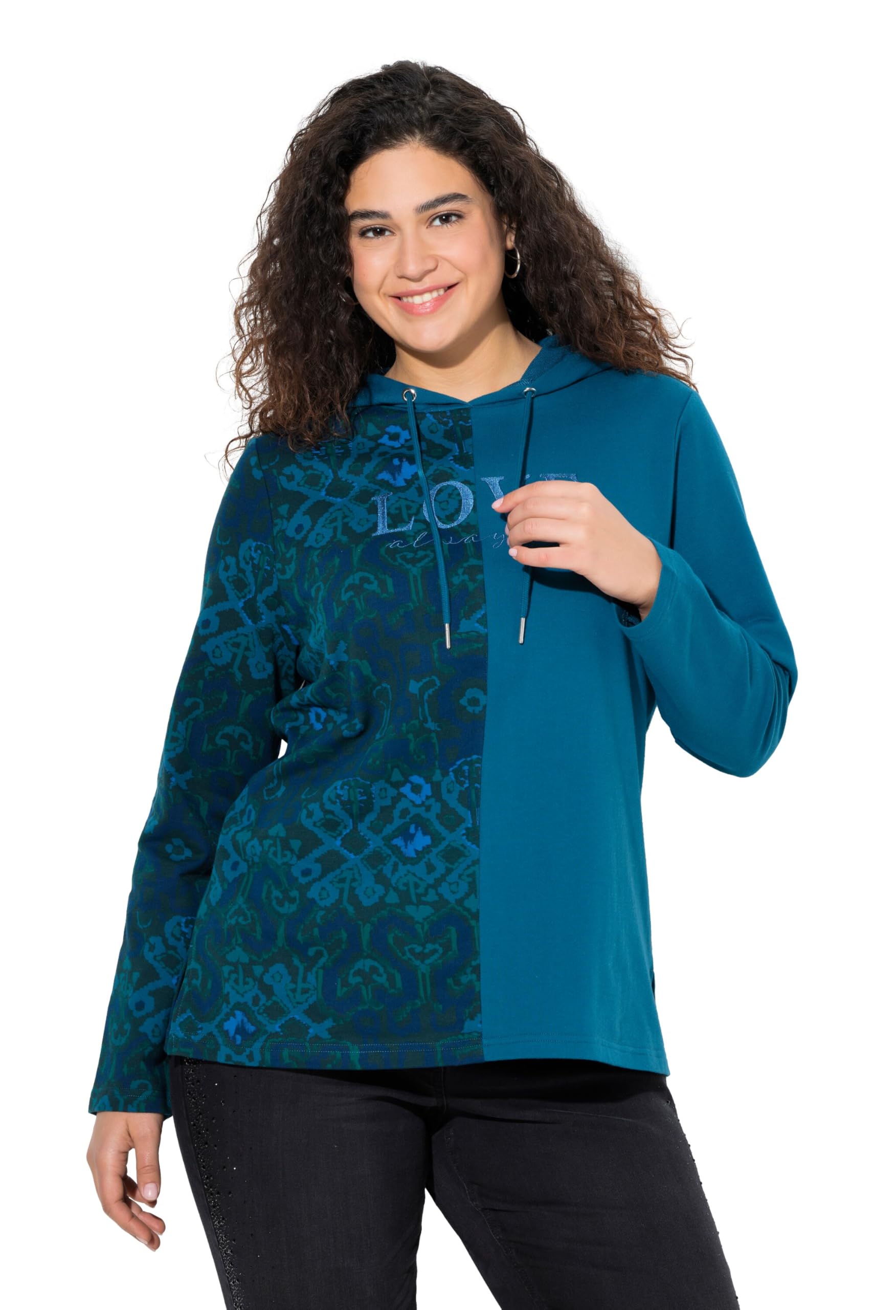 Ulla Popken Damen große Größen Übergrößen Plus Size Hoodie, Patchdruck, Kapuze, Langarm 842048