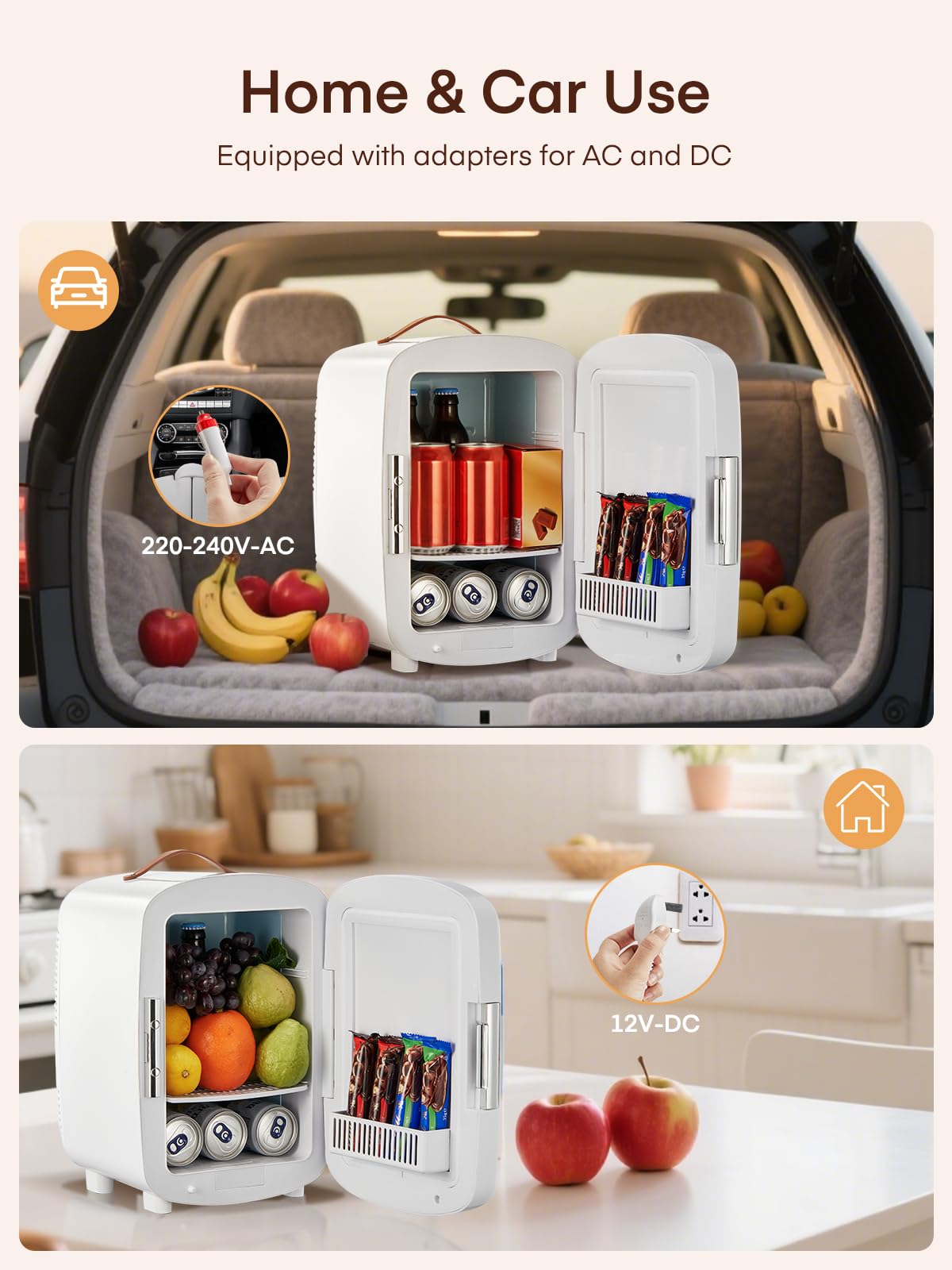 FOHERE Mini Frigo, 10 Litri/12 Lattine Frigorifero Piccolo Portatile, 220-240 V AC/DC, per camera da letto, cura della pelle, bevande, ufficio, dormitorio e auto, Bianco