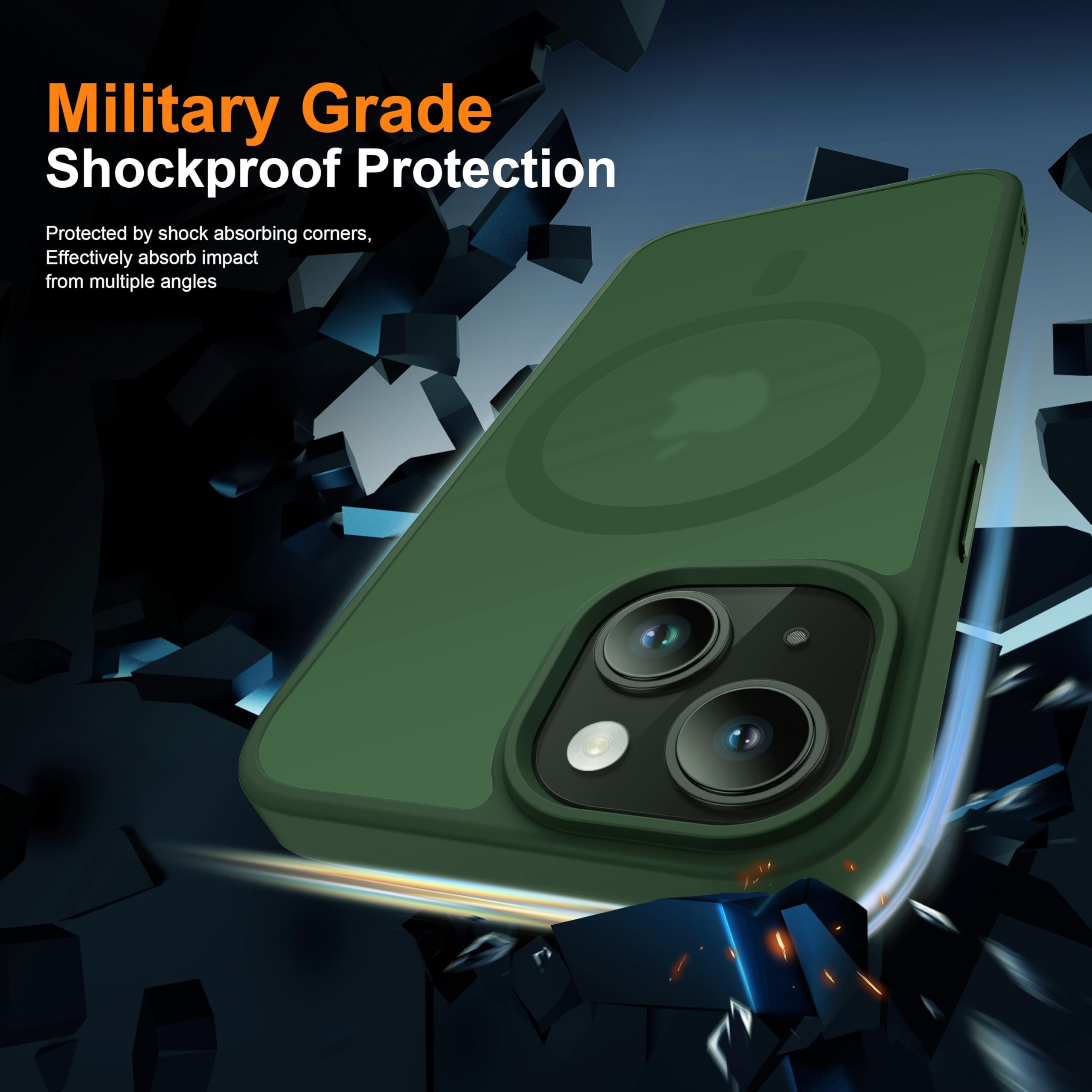 ORETECH Magnetica Opaca Cover per iPhone 14,Custodia iPhone 13 con 2X Vetro Temperato per Cellulare Protettiva Antiurto Protezione Militare Custodia per iPhone 14/13-Verde Scuro