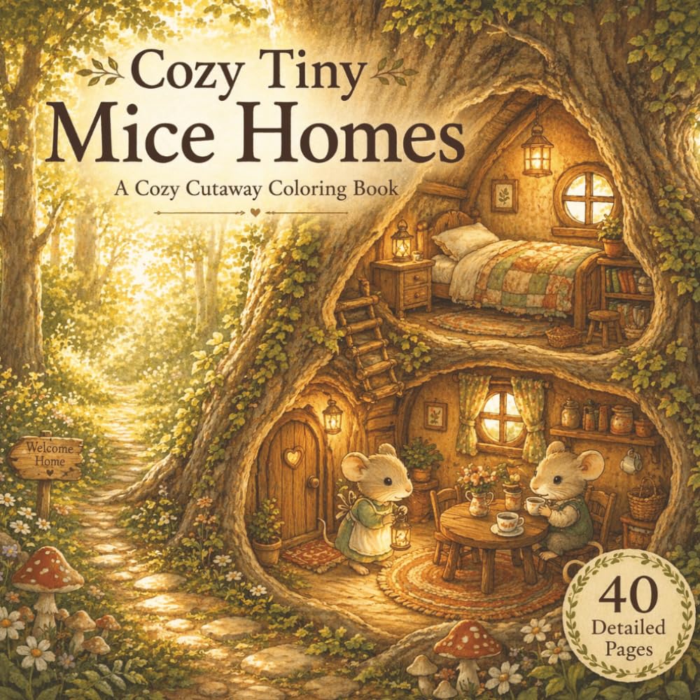 Cozy Tiny Mice Homes Coloring Book: A Cozy Woodland Coloring Book for Relaxation and Mindful Coloring