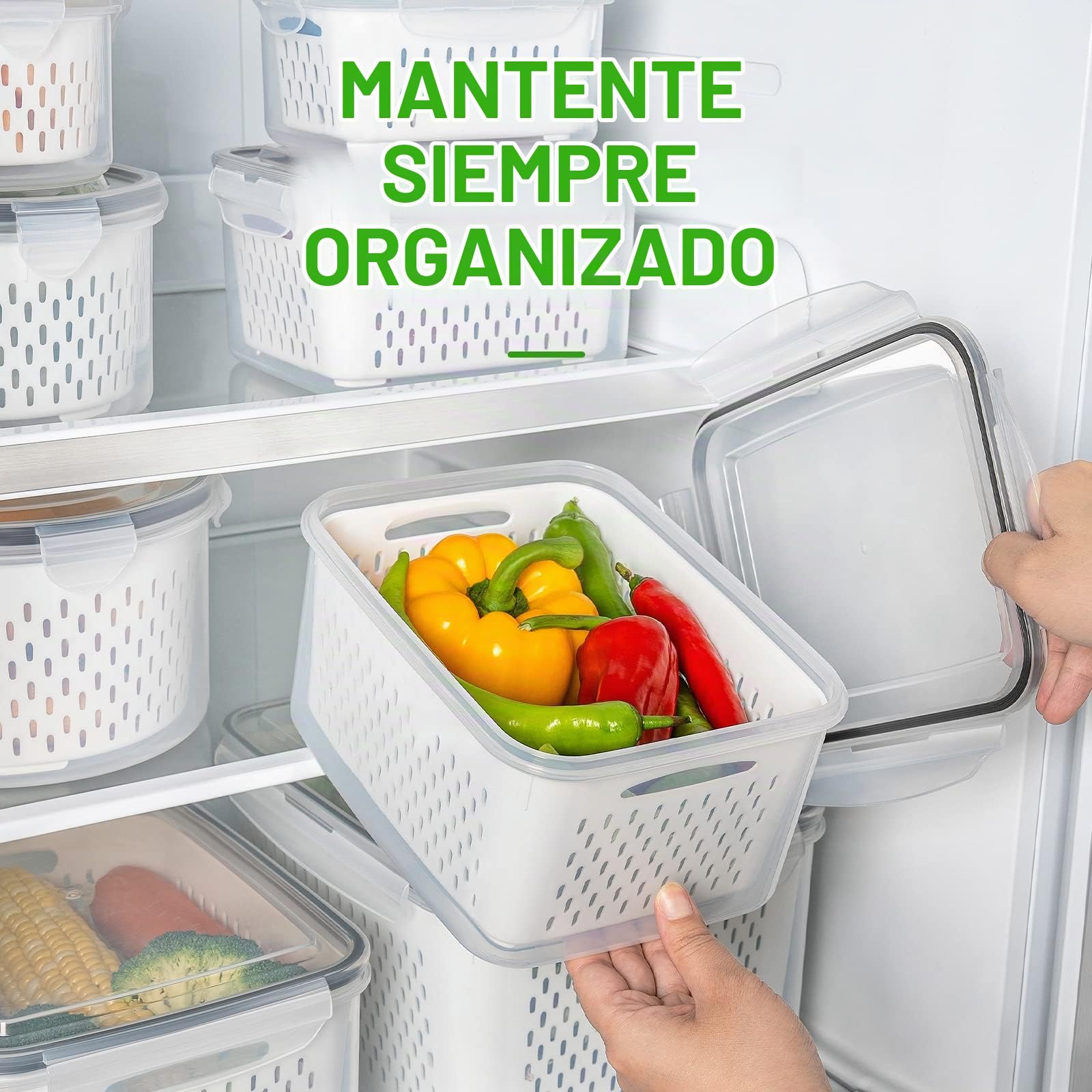 5 recipientes grandes de frutas para nevera, recipientes de almacenamiento de alimentos a prueba de fugas con colador extraíble, aptos para lavavajillas y microondas, recipientes para mantener frutas