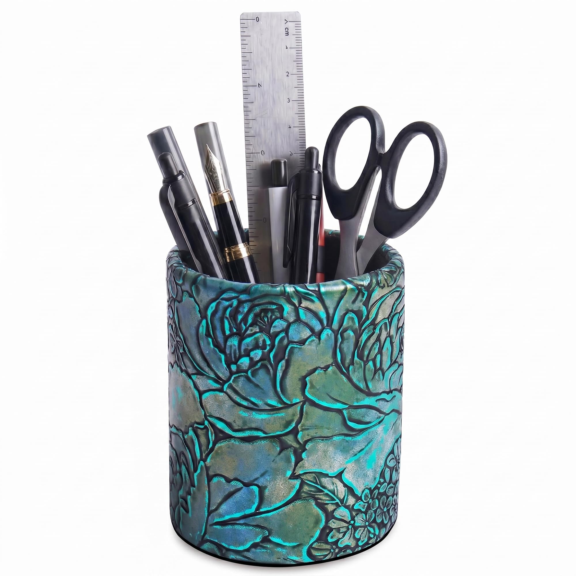 Czzmy PU Leather Pen Holder Round Flash Makeup Brush Holder Desktop Pencil Storage Holder Gift for Desk Office Classroom Home(1-Rich Flower Green) — image 1