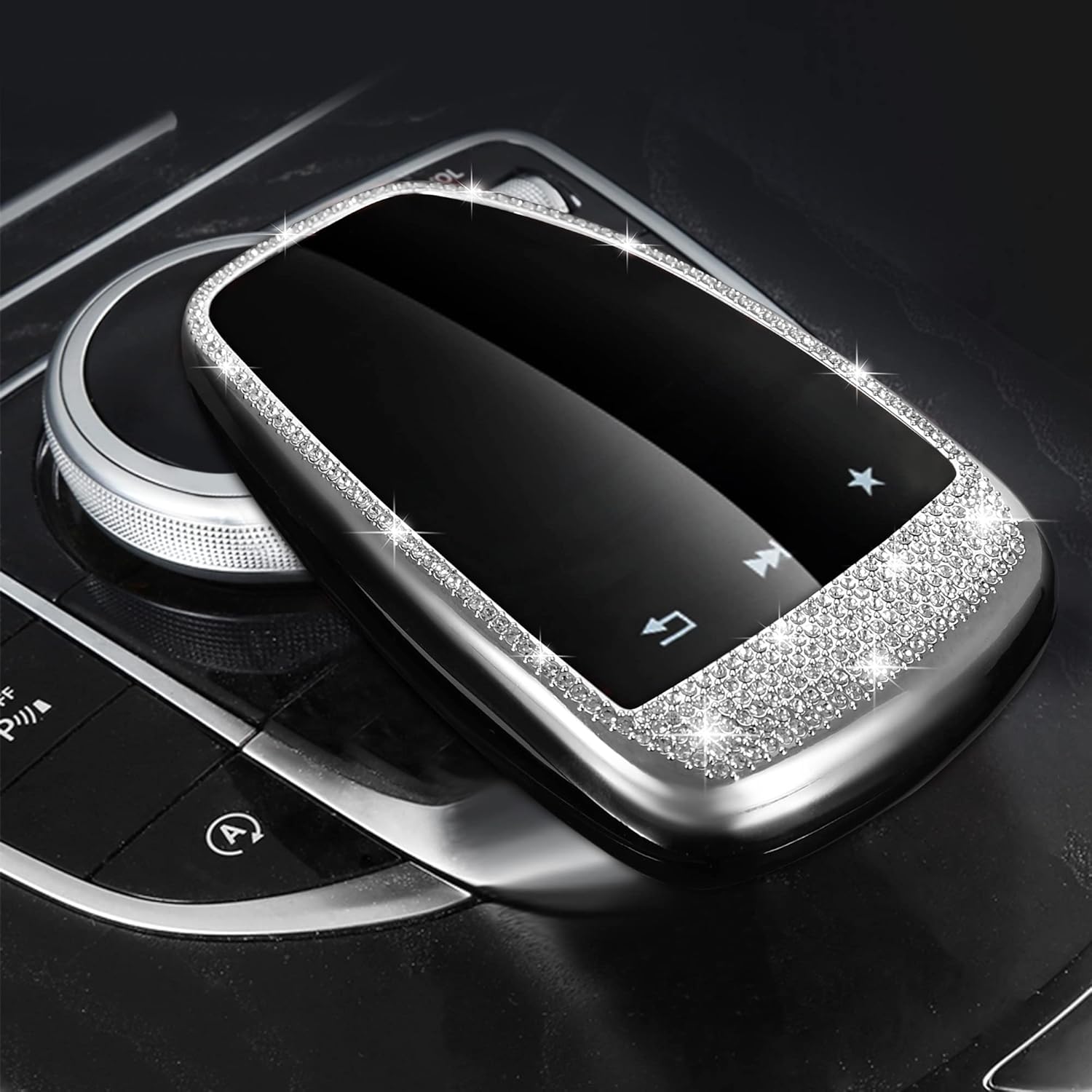TOMALL Bling Crystal Interior Media Control Emblem Cover Compatible with Mercedes Benz C Class C300 E Class E300 Multimedia Control Caps Cover Rhinestone Car Interior Decor Accessory (Silver) image 7 of 7 B0BTL321DX