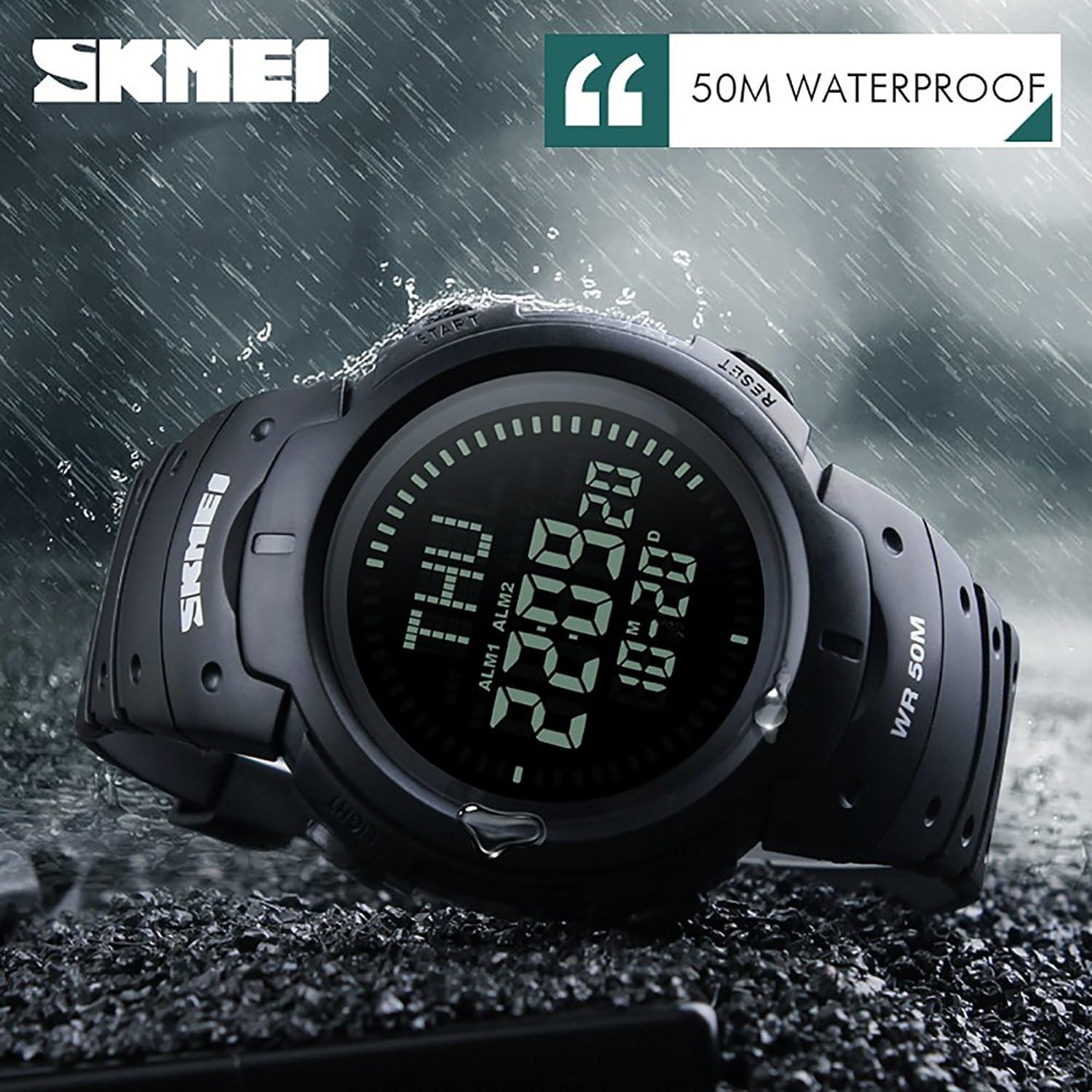 Reloj digital deportivo militar para hombre con brújula de supervivencia, resistente al agua hasta 50 m, cuenta regresiva y 3 alarmas, Negro -, Men's standard, Digital