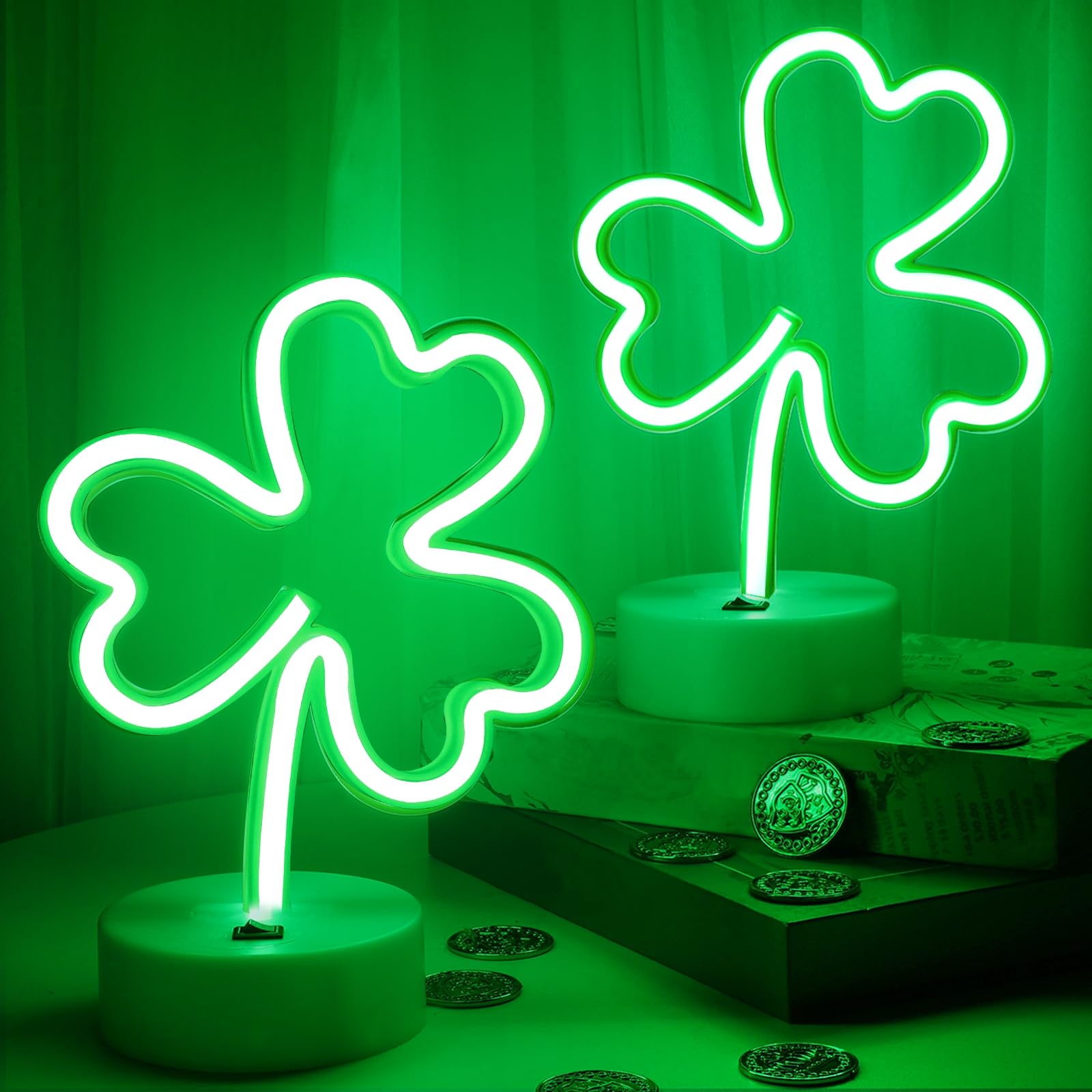 Photo 1 of 2 Pack St Patricks Day Decorations Neon Signs with Holder Base, USB or Battery Operated Neon Light Green Lucky Clover Lights, LED Table Decoration for Bedroom Indoor Wedding Kids Room Birthday Party