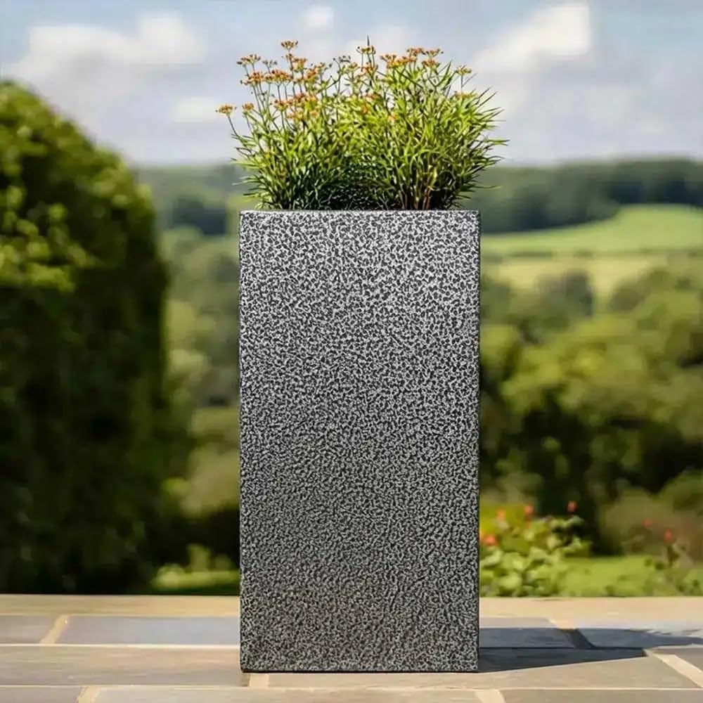 Tulipy Zinc Galvanised Tall Square Planter | No Assembly Needed | Lightweight (Silver & Black, L40cm x W40cm x H100cm)