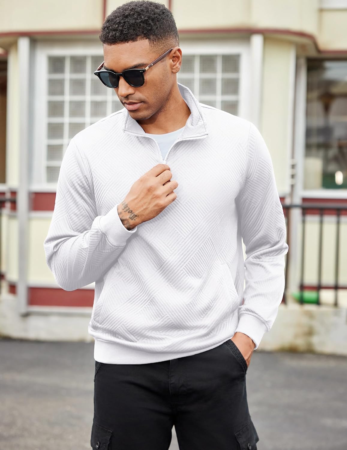 COOFANDY Mens Quarter Zip Pullover Casual Long Sleeve Quilted Sweatshirt Mock Neck Polo Sweater with Pocket