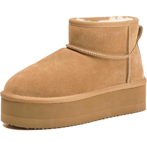 Platform Mini Boots For Women Genuine Suede Fuzzy Winter Pull on Boots Wool Lining Women's Mini Snow Ankle Fur Boots