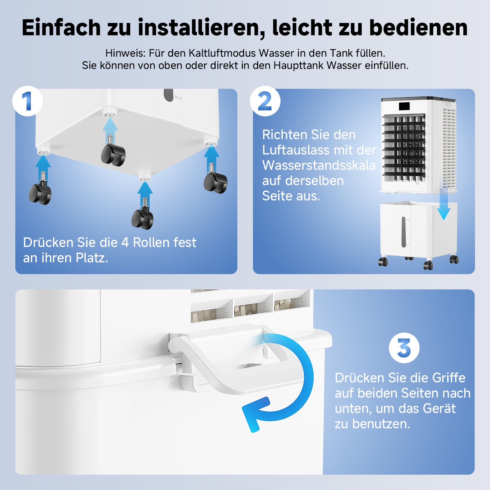 Mobile Klimaanlage ohne Abluftschlauch 10L Luftkühler 60W 4-in-1 Verdunstungskühler 12H Timer 4 Modi 120° Oszillation Abnehmbarer Wassertank Tiefschwarz