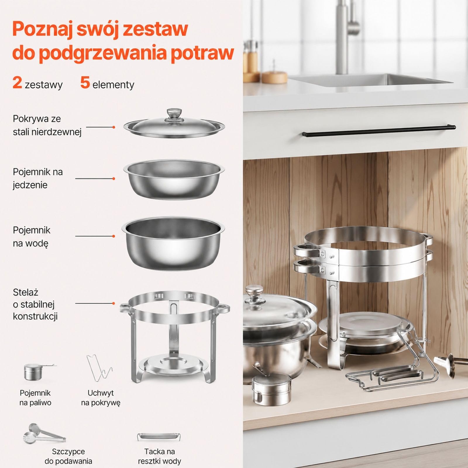 Zestaw podgrzewaczy cateringowych, 2 sztuki, okrągłe naczynia ze stali nierdzewnej 4,7 l, srebrne, z pokrywką, uchwytem na paliwo i miską na wodę