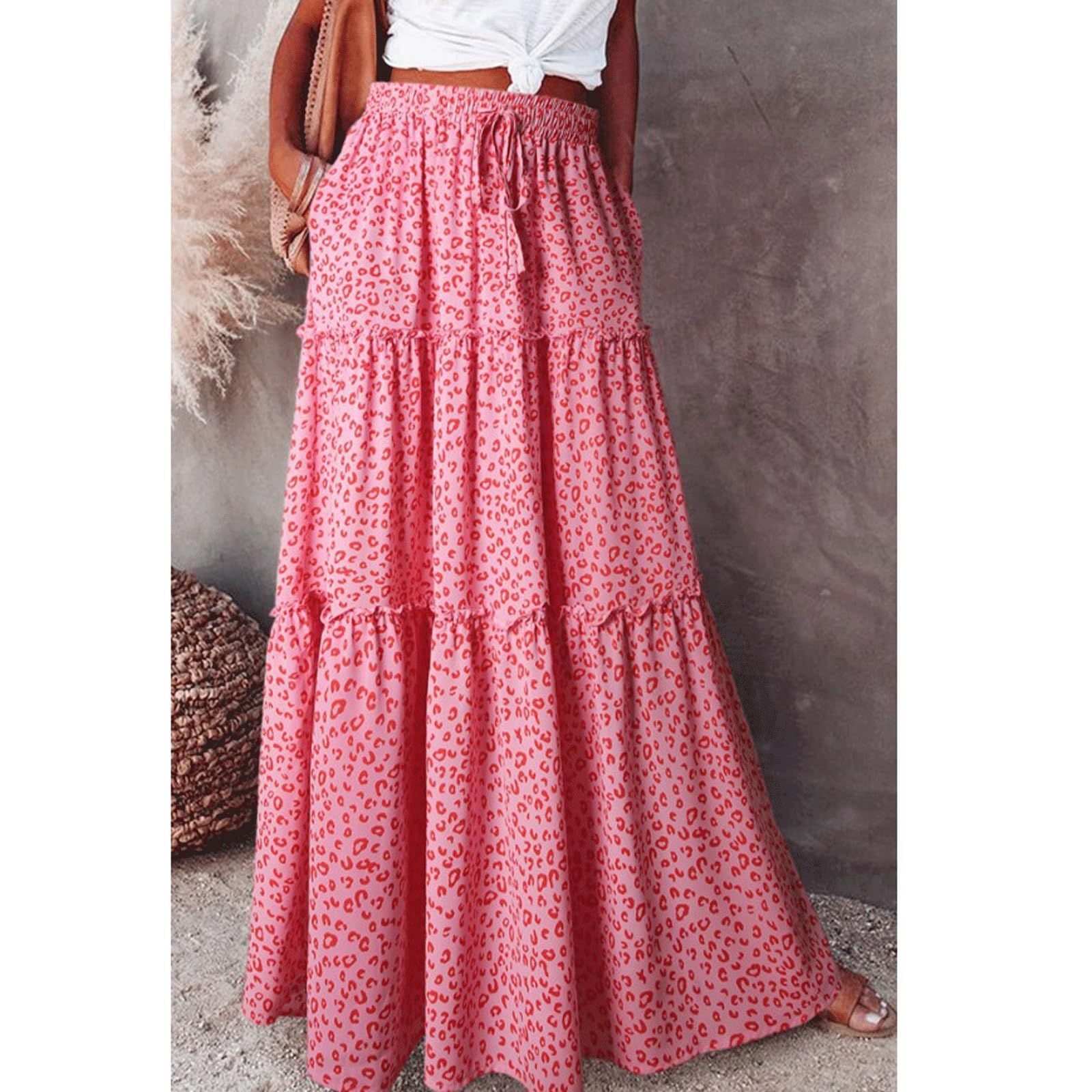 DUddTTW Casual Women's Midi Skirt Printed Ankle Length Skirts High Waisted Swing Skirt Midi Length Flowy Skirt Loose Maxi Skirts Stylish(Rose,Lagre)