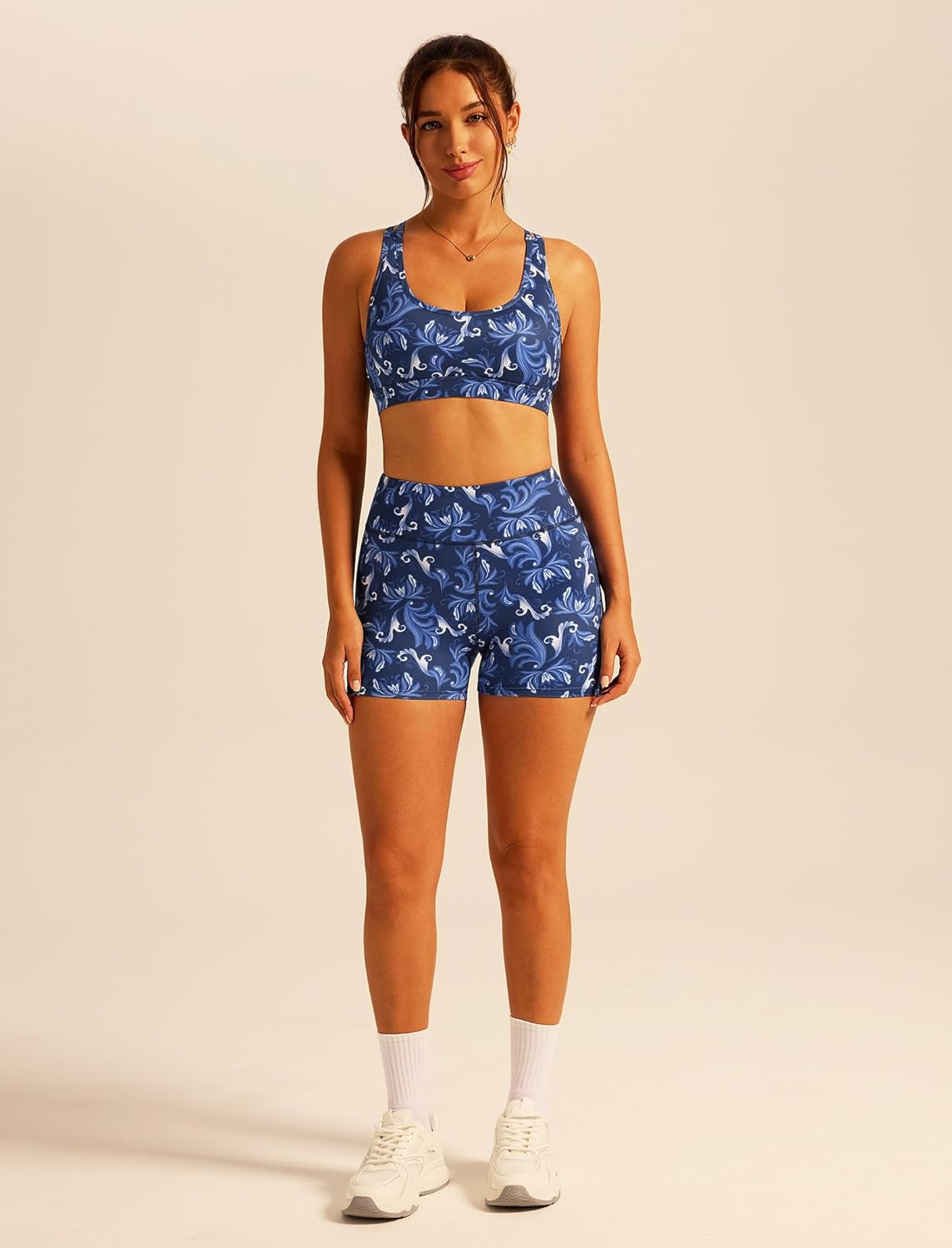 ABOCIW Floral Print Workout Sets for Women 2 Piece Cross Back Sports Bra High Waits Biker Shorts Yoga Pilates Outfits