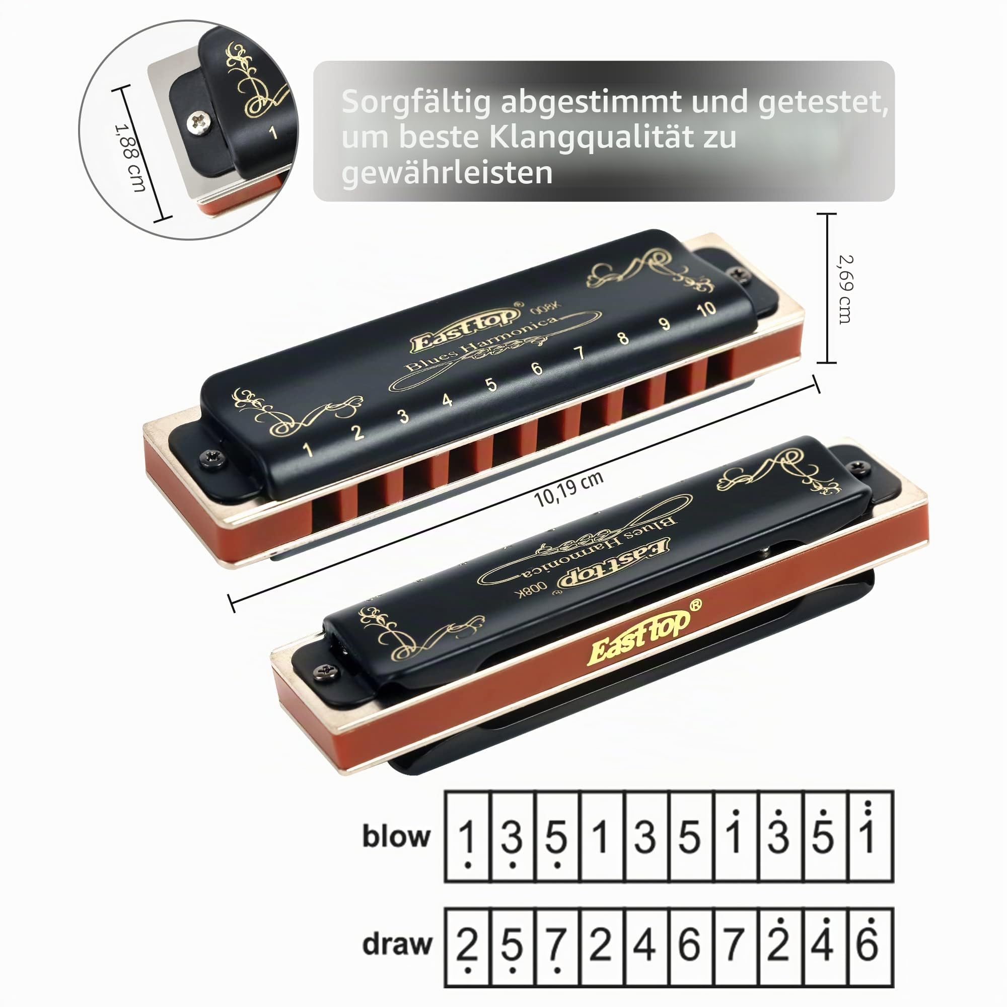 East Top Diatonische Blues Harmonica Mundharmonika 10 Löcher T008K Tonart G Mundharmonika Für professionelle Spieler, Anfänger, Studenten, Erwachsene, Kinder, als bestes Geschenk