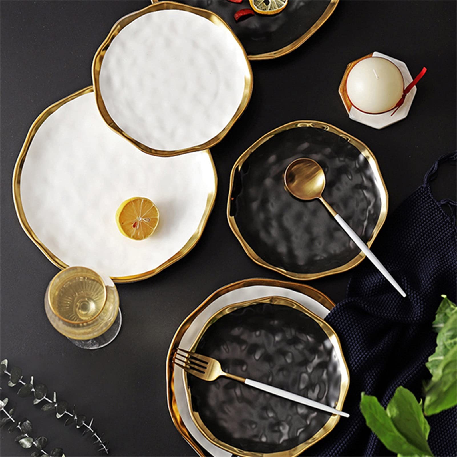 Talerz obiadowy Zestaw obiadowy Nordic z ceramicznym talerzem i złotym rantem, urocze talerze, dekoracyjne zestawy naczyń talerzy, okrągła taca do serwowania, naczynia sałatek owocowych(Pink)