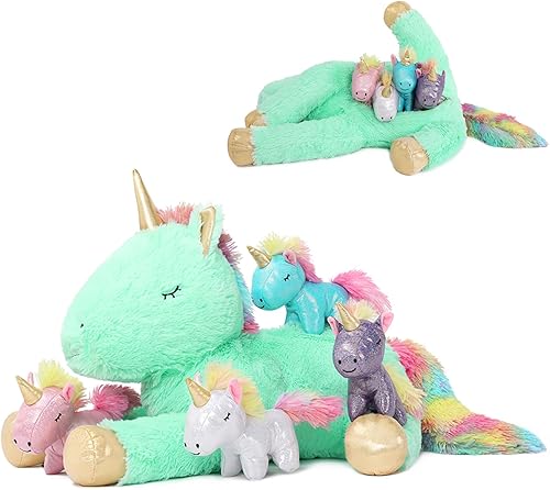 Animales de peluche de dragón de doble cabeza, juego de 5 juguetes de peluche de dinosaurio, mamá dragón con 4 dinosaurios bebés en el interior,