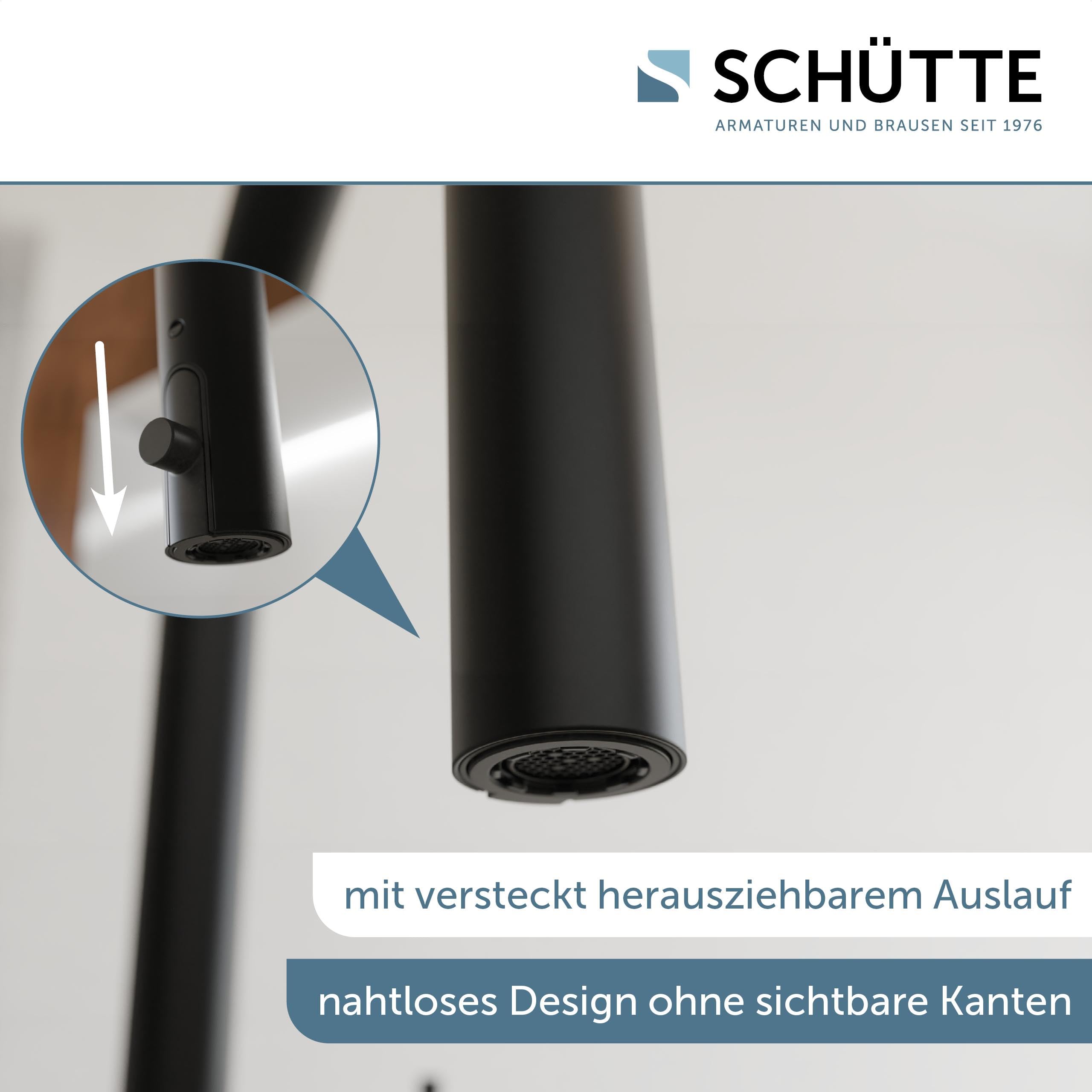 SCHÜTTE 79566 Blackpool Küchenarmatur mit ausziehbarer Geschirrbrause, 360 Grad Wasserhahn für die Küche, Mischbatterie mit Einhebelmischer, Spültischarmatur mit Brause ausziehbar in Schwarz
